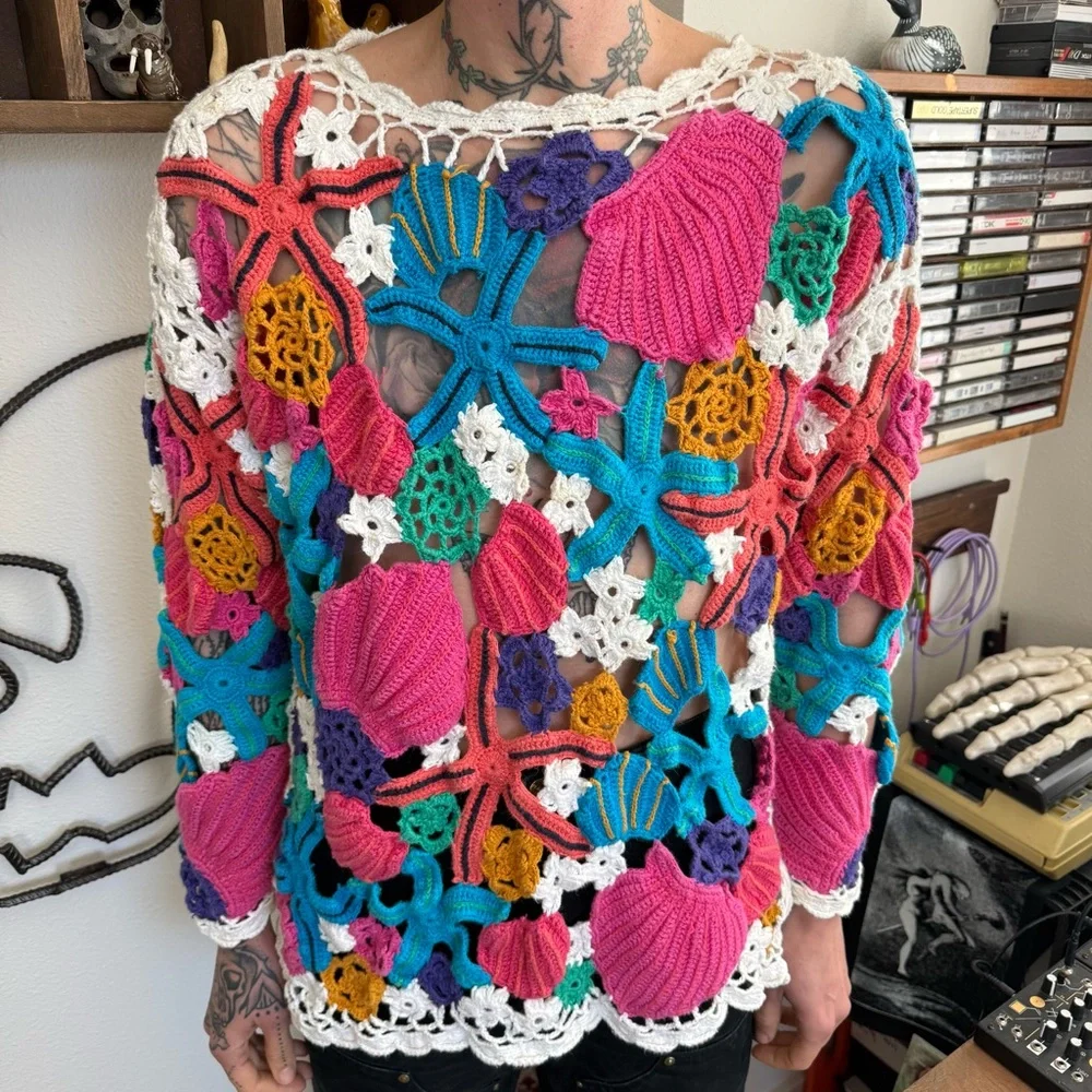 Vintage 80s Hand Crochet Coastal Beach Top by Tony Lambert ~ Size Small - Picture 1 of 7